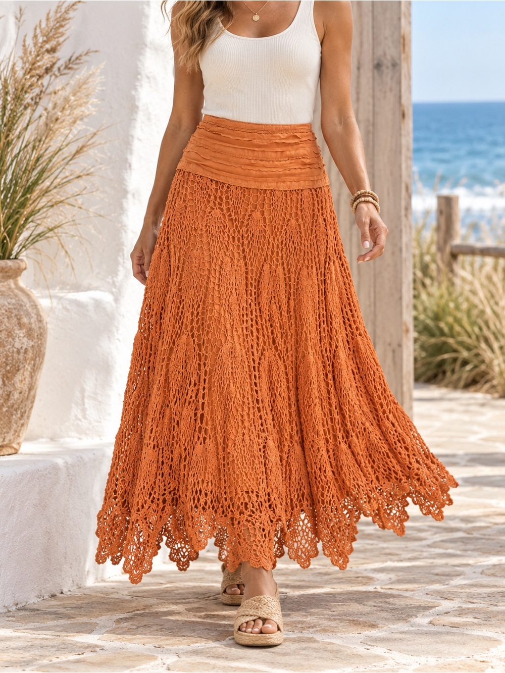 Mix Nouveau Orange Crochet Lace Boho Maxi Skirt Size Large Boho Cottagecore